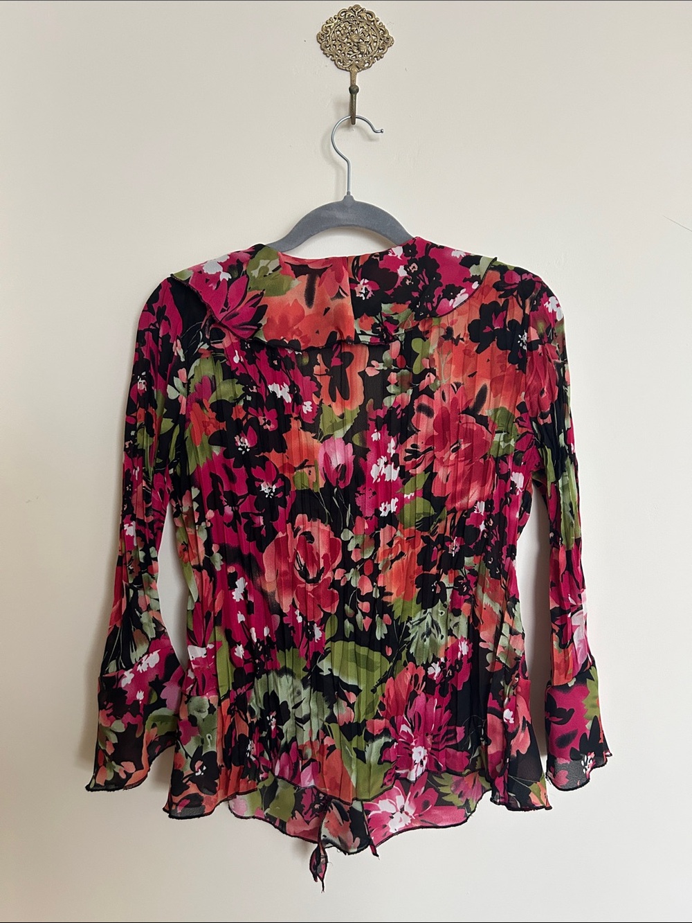 Size M | Allison Taylor | Black Floral Ruffle V-Neck Blouse with Pink & Green - Picture 9 of 11